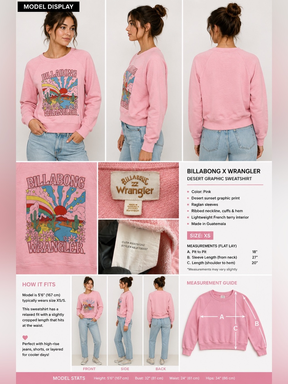Billabong x Wrangler Pink Desert Graphic Sweatshirt XS Western Rainbow Cactus